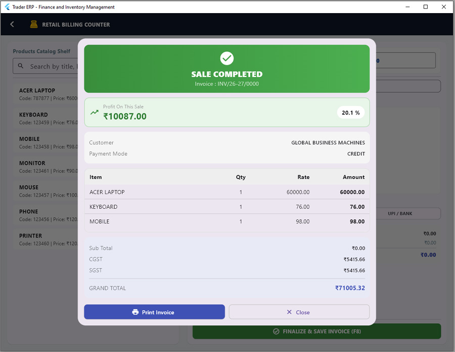 TradERP Main Billing Screen